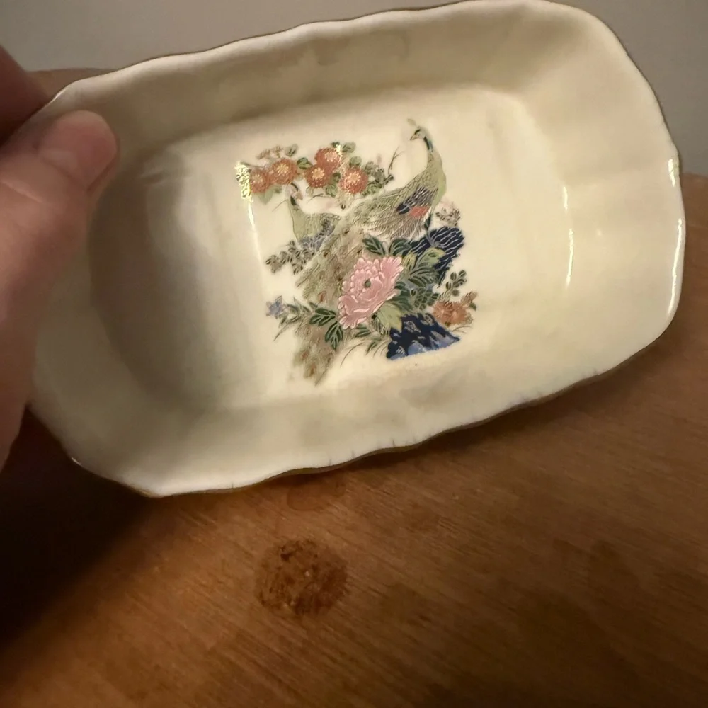 Vintage Japanese Porcelain floral, bird, print gold edge Soap or Trinket Dish